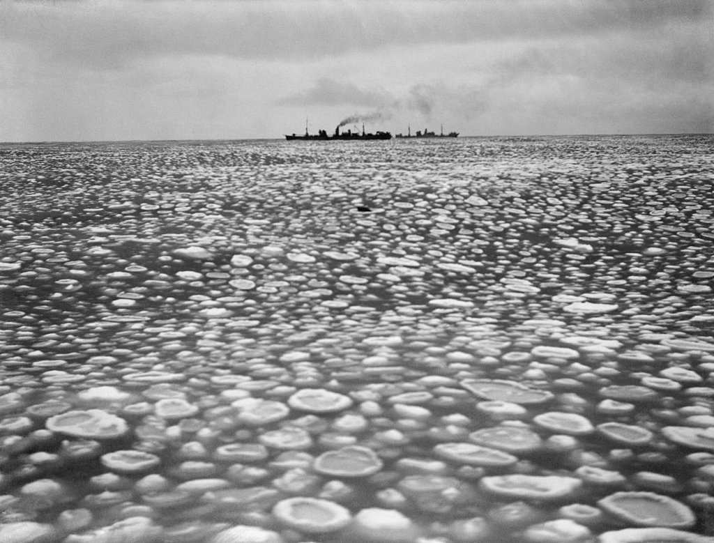 The ships on northern convoy duty passing through pack ice during the voyage.