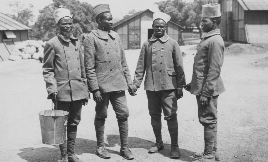 Senegalese soldiers at a Sudanese camp during World War One, circa 1914-1918.