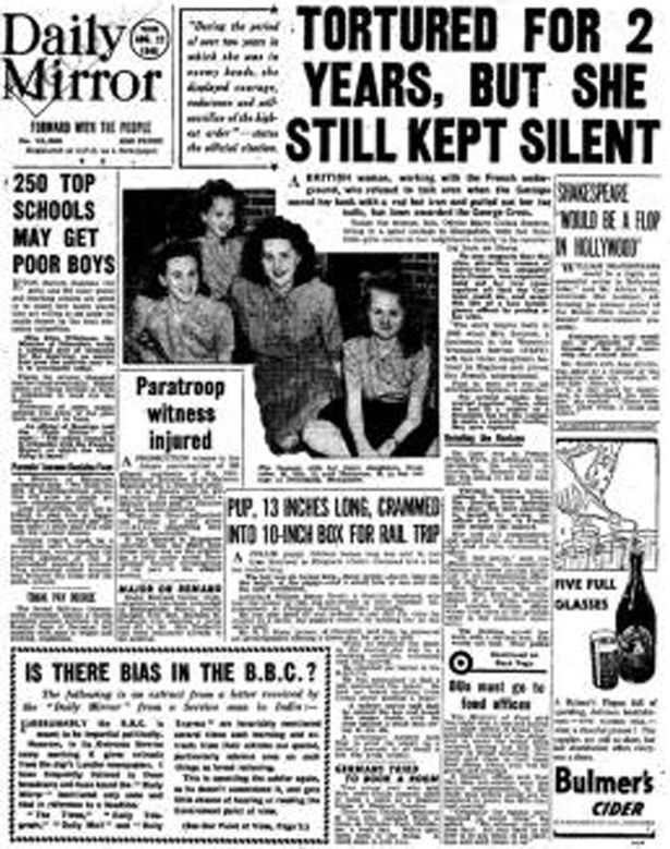 Daily Mirror front page featuring WW2 female spy Odette Sansom.