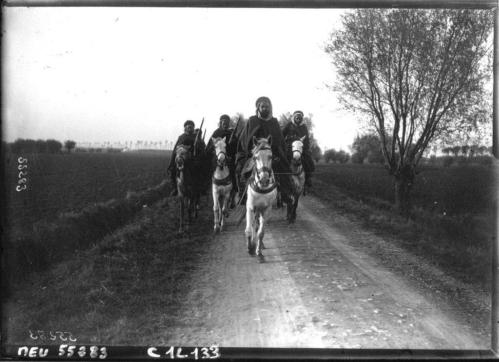 Cavalry patrol of Moroccan Spahis fighting for the French army near Furnes, Belgium, 1914.