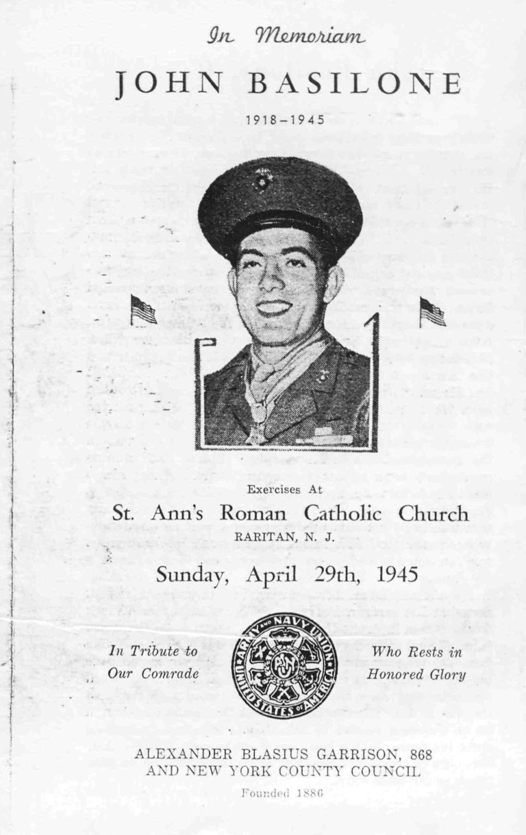 Program from 1945 Memorial Mass for John Basilone