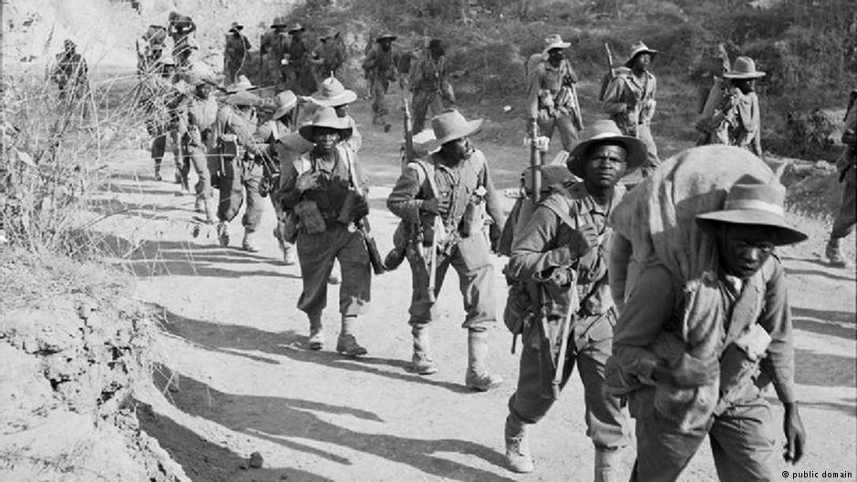 Troops of the East Africa division marching in Burma.