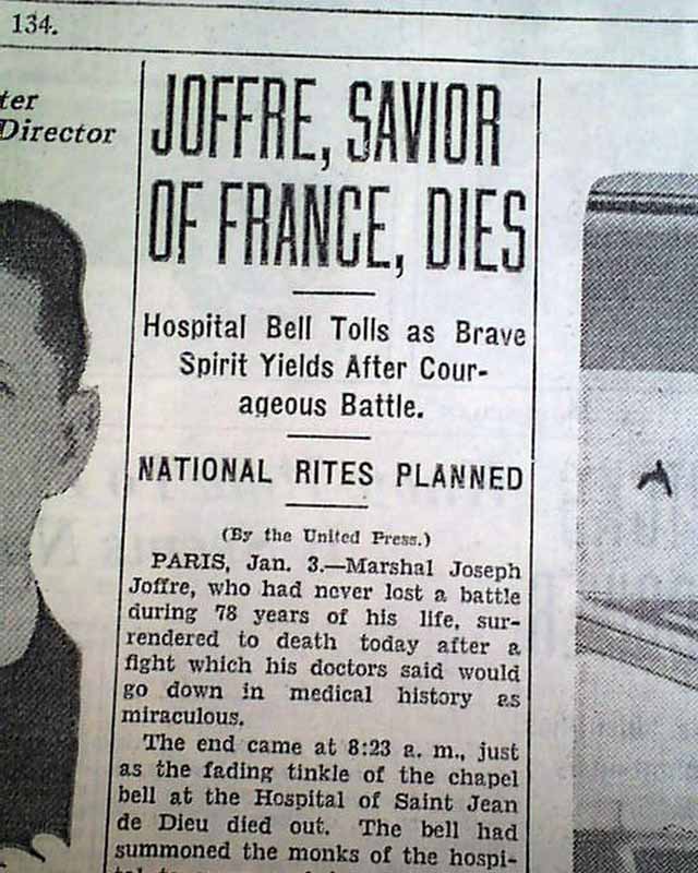 Marshal Joseph Joffre dies. THE DETROIT NEWS, January 3, 1931.