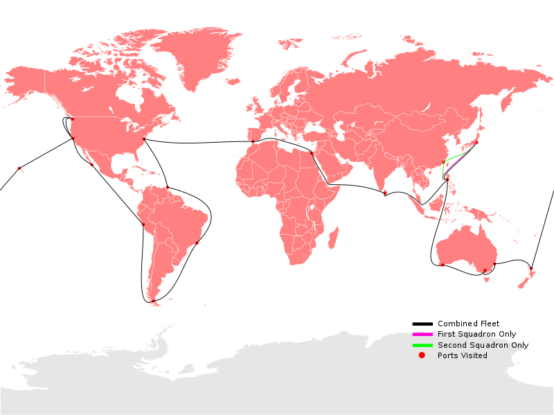 Map of the Great White Fleet's voyage (2009 political boundaries shown)