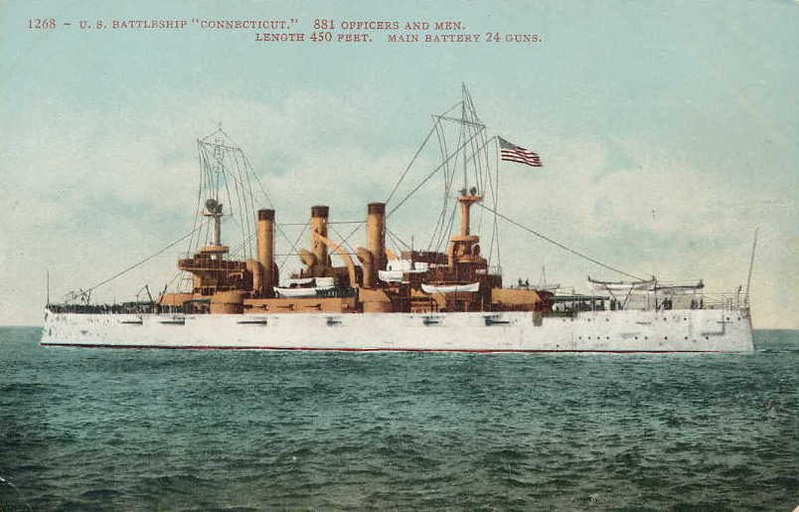 Postcard of USS Connecticut (BB-18). It (#1268) was the first of a 24-card series printed of the Great White Fleet by Edward Mitchell.
