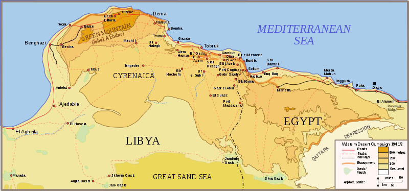 Egypt & Cyrenaica, Libya: Map of the Western Desert Campaign and its Operation Compass Battle Area 1941.