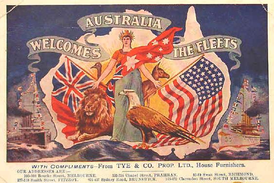 A 1908 Australian postcard welcoming the American 'Great White Fleet' to Australia.