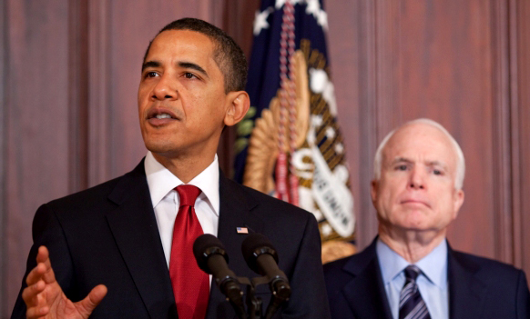 President Barack Obama and Senator John McCain in a press conference, taking place on March 4, 2009.