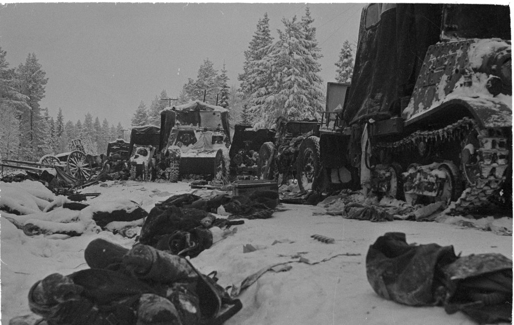 Soviet equipment and fallen soldiers at Raate Road, Suomussalmi