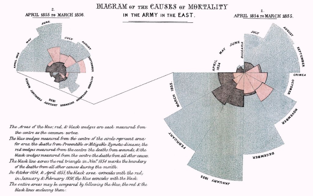 This "Diagram of the causes of mortality in the army in the East" was published in Notes on Matters Affecting the Health, Efficiency, and Hospital Administration of the British Army and sent to Queen Victoria in 1858.