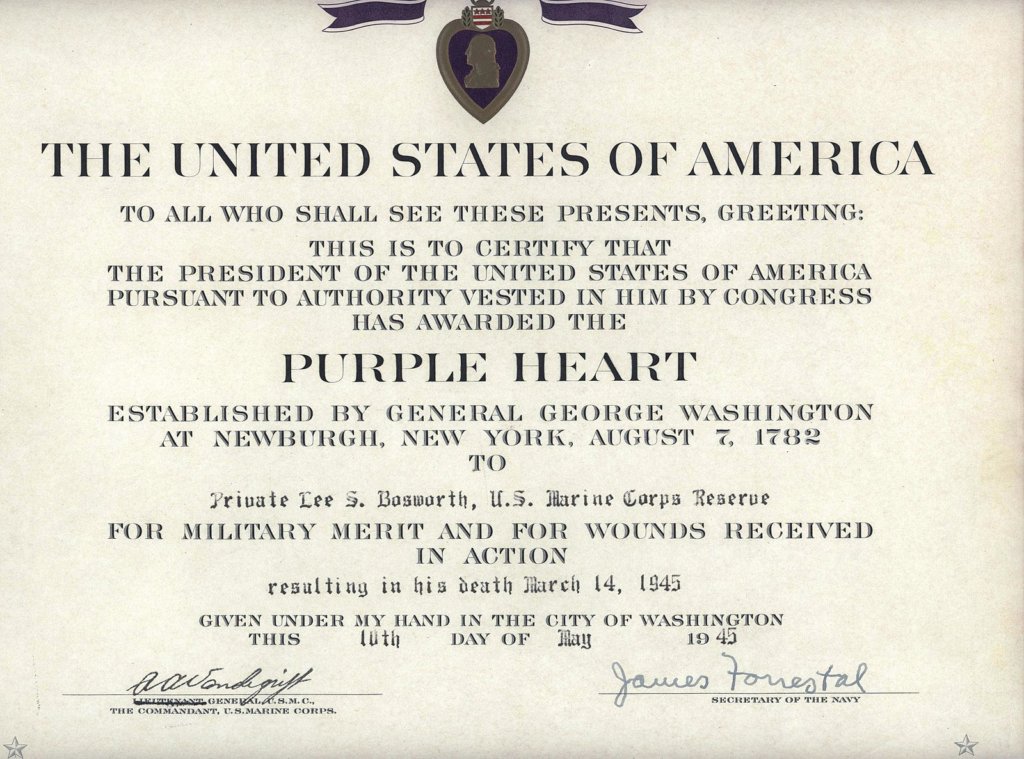 Purple Heart certificate posthumously awarded to Lee Bosworth for wounds received in action on Iwo Jima.