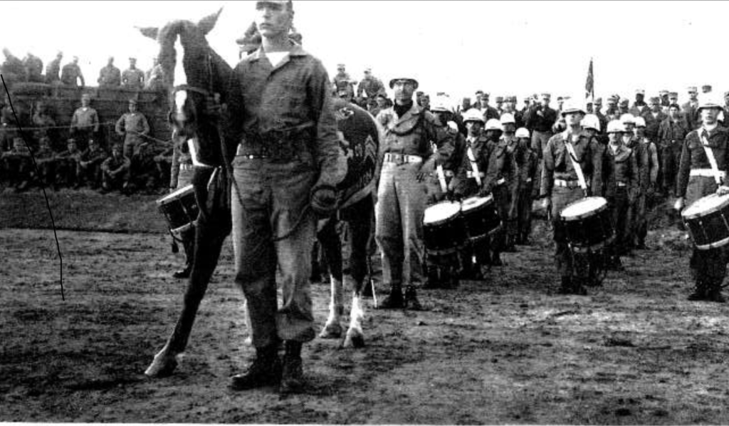 Sergeant Reckless was given a formal stateside rotation ceremony prior to her departure from Korea for America. PFC William Moore, her caretaker at the time but he was not in the platoon during the war, is holding her and is the one who accompanied her on the trip to America.