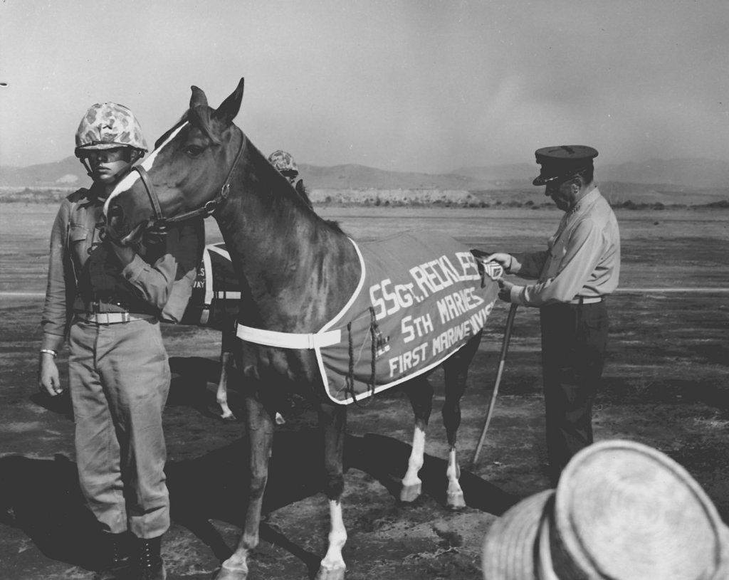 Sergeant Reckless getting promoted to Staff Sergeant in 1959 at Camp Pendleton.