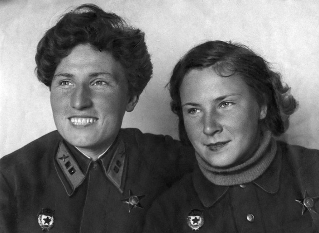 Yekaterina Budanova, left, with fellow ace Lydia Litvyak, posing together in 1943.