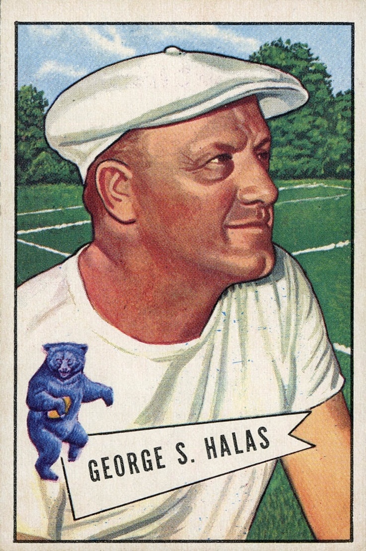 A George Halas sports card (#48) produced by Bowman Gum in 1952.