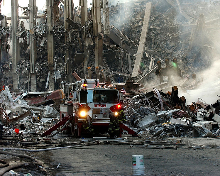Ground Zero, New York City, N.Y. (Sept. 16, 2001) -- A lone fire engine at the crime scene in Manhattan where the World Trade Center collapsed following the Sept. 11 terrorist attack.