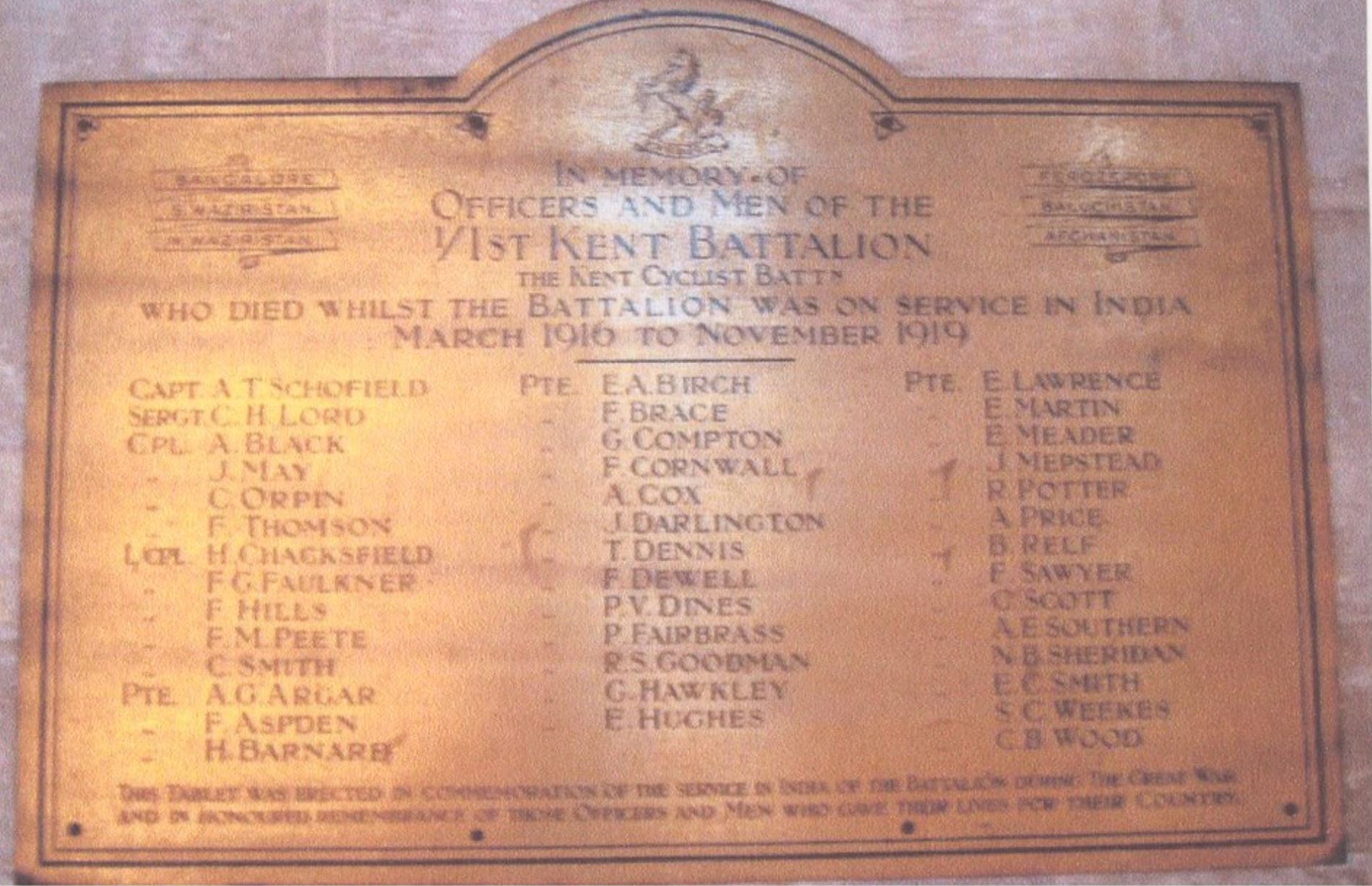 A plaque in Canterbury Cathedral records the losses of the 1st Kent Battalion.