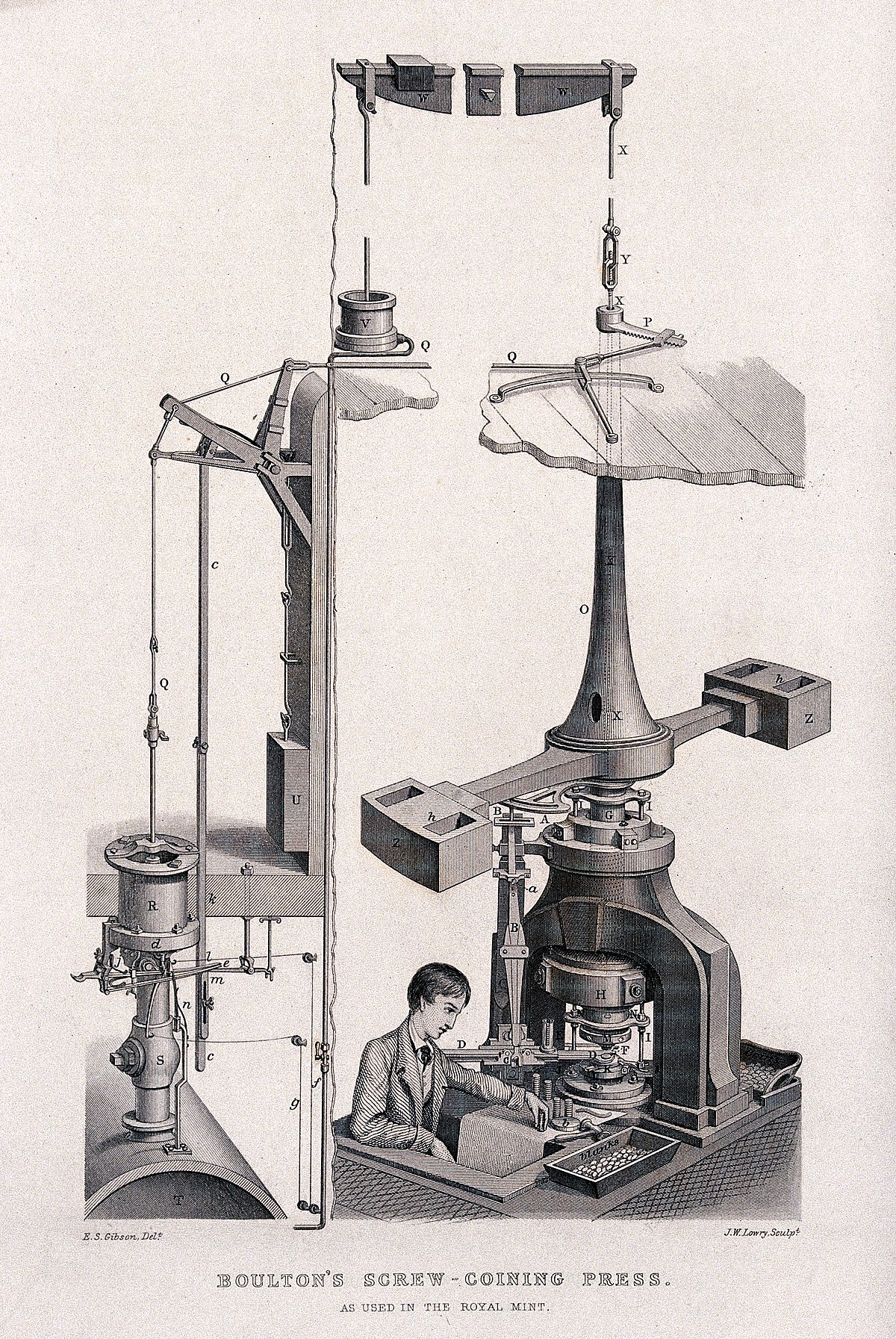 Coinage: elevation of a coin press. Engraving by J. W. Lowry after E. S. Gibson.