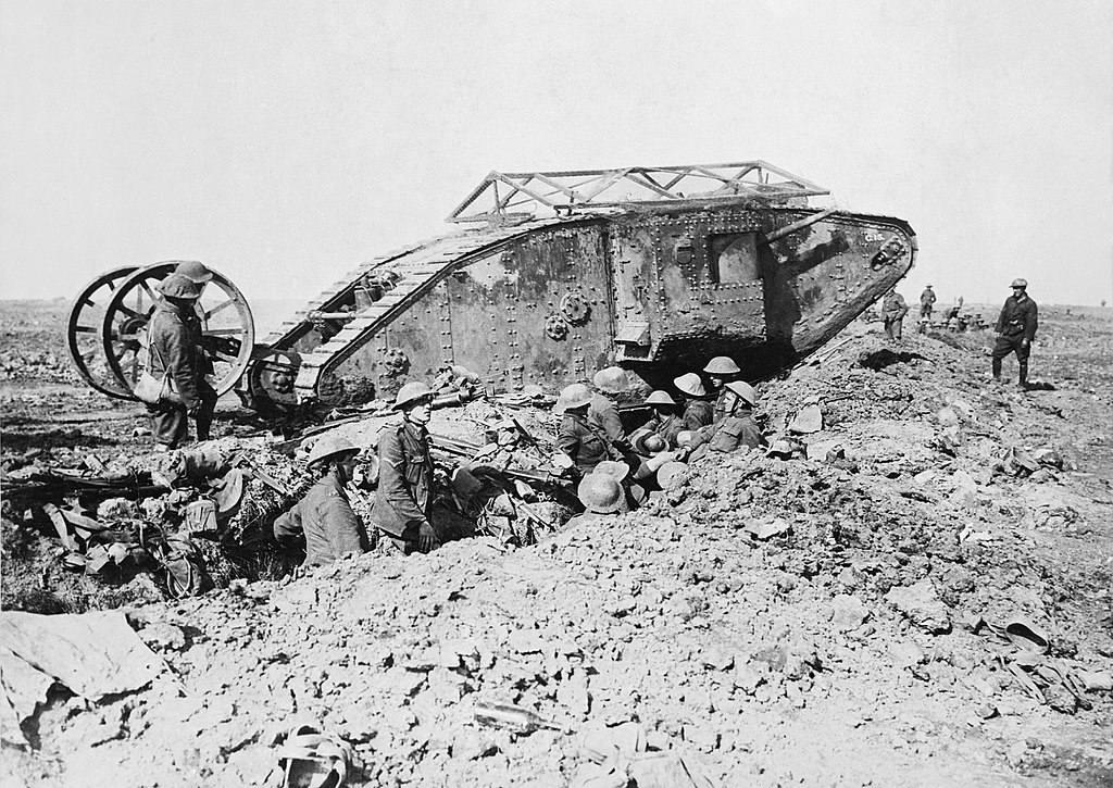 An early model British Mark I "male" tank, named C-15, near Thiepval, 25 September 1916.
