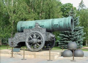 A view of the Tsar Cannon, showing the Lion's head cast into the carriage.