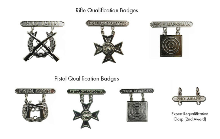 U.S. Marine Corps marksmanship qualification badges.