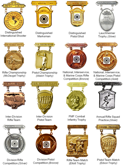 Some examples of U.S. Marine Corps marksmanship competition badges.