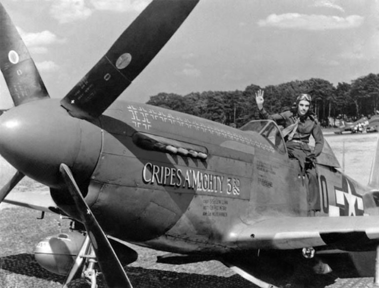 Major George E "Ratsy" Preddy Jr. of the 352nd Fighter Group in the cockpit of his P-51 Mustang