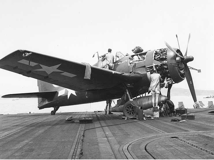 McCampbell's F6F-5 Hellcat fighter on board the aircraft carrier USS Essex 30 July 1944