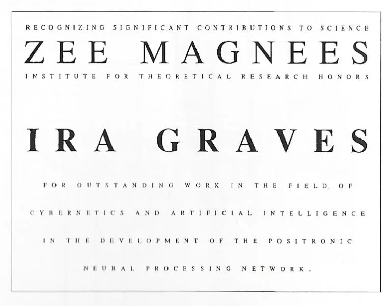 A certificate from the Zee Magnees Institute for Theoretical Research honoring Ira Graves, designed for TNG: "The Schizoid Man".